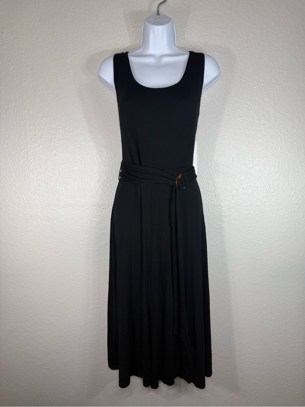 Calvin Klein Black Knit Stretch Midi Dress Size 12 Belted sleeveless scoop-neck